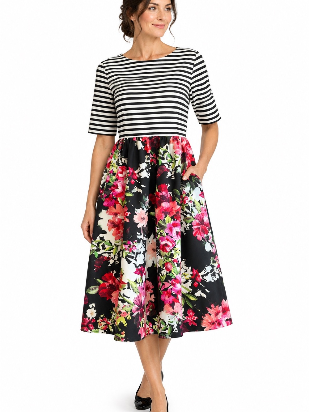 Jessica Howard Fit Flare Dress 14 Striped Floral Pink Black Pockets